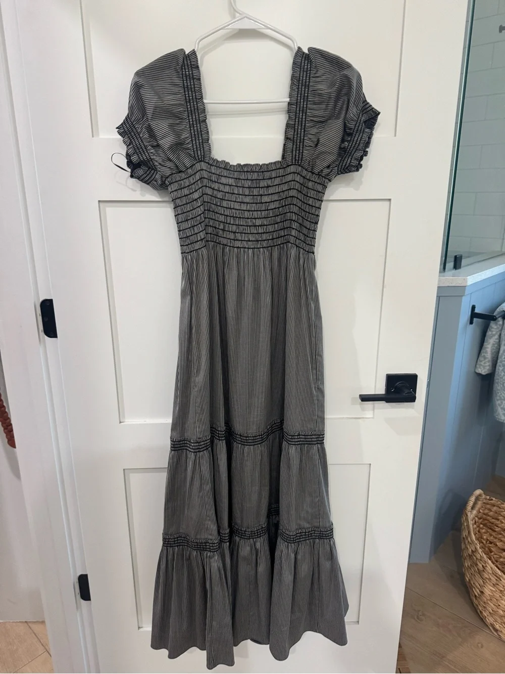 Tory Burch Black and White Striped Smocked Maxi Dress